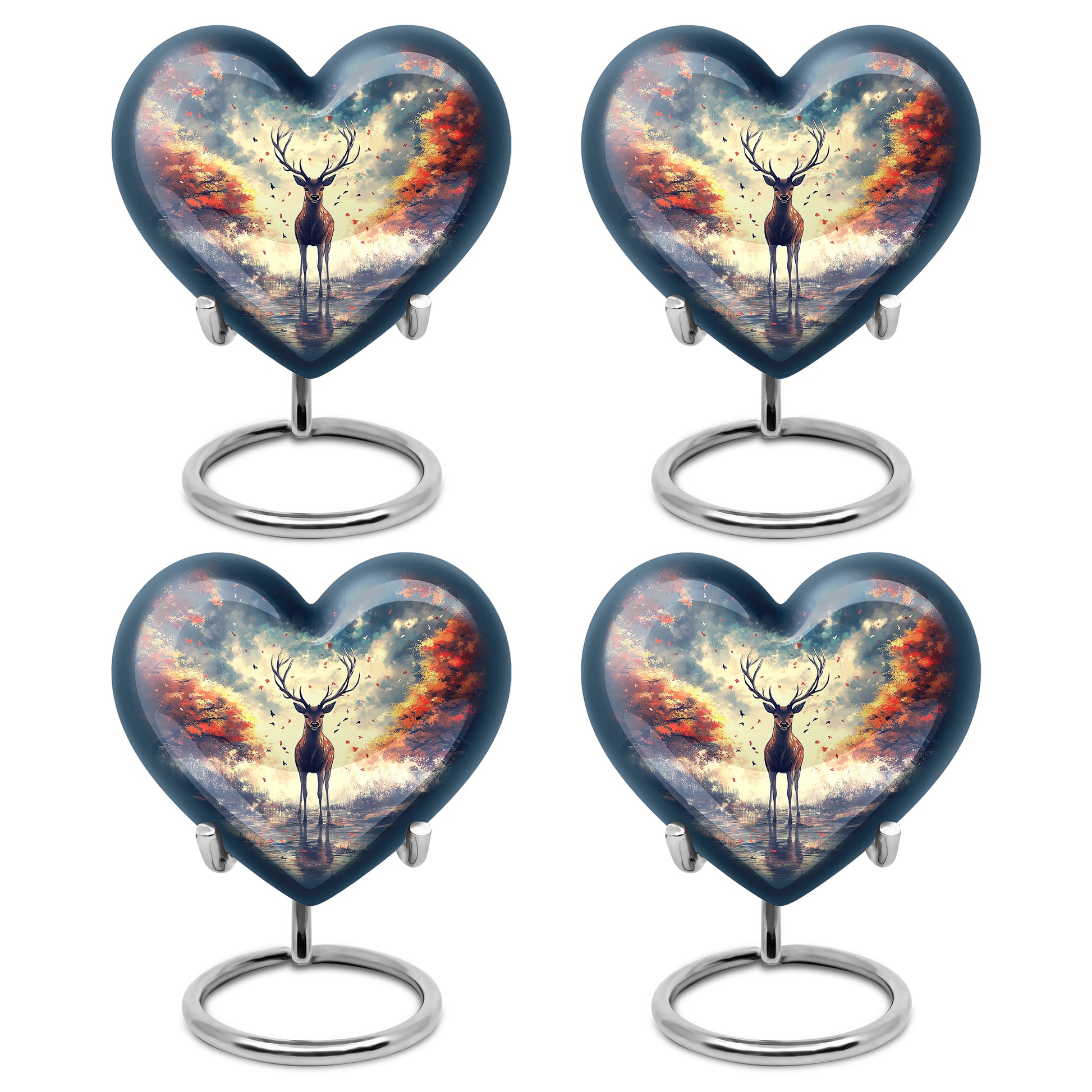 Azure Deer Cremation Urn angled view of lid and engraved motif - heart-shaped deer design symbolizing eternal love - 10 inch aluminum urn for cremated remains