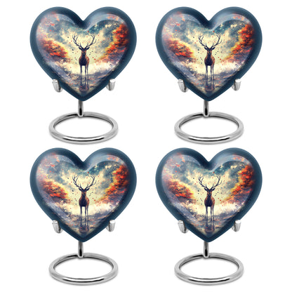 Azure Deer Cremation Urn angled view of lid and engraved motif - heart-shaped deer design symbolizing eternal love - 10 inch aluminum urn for cremated remains