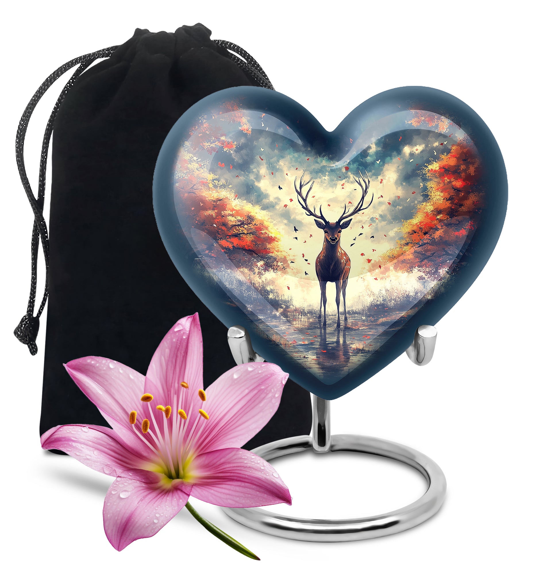 Misty Blue Deer Cremation Urn detail view - loving heart memorial featuring deer pattern - full-size 10 inch 200 cubic inch adult cremation urn