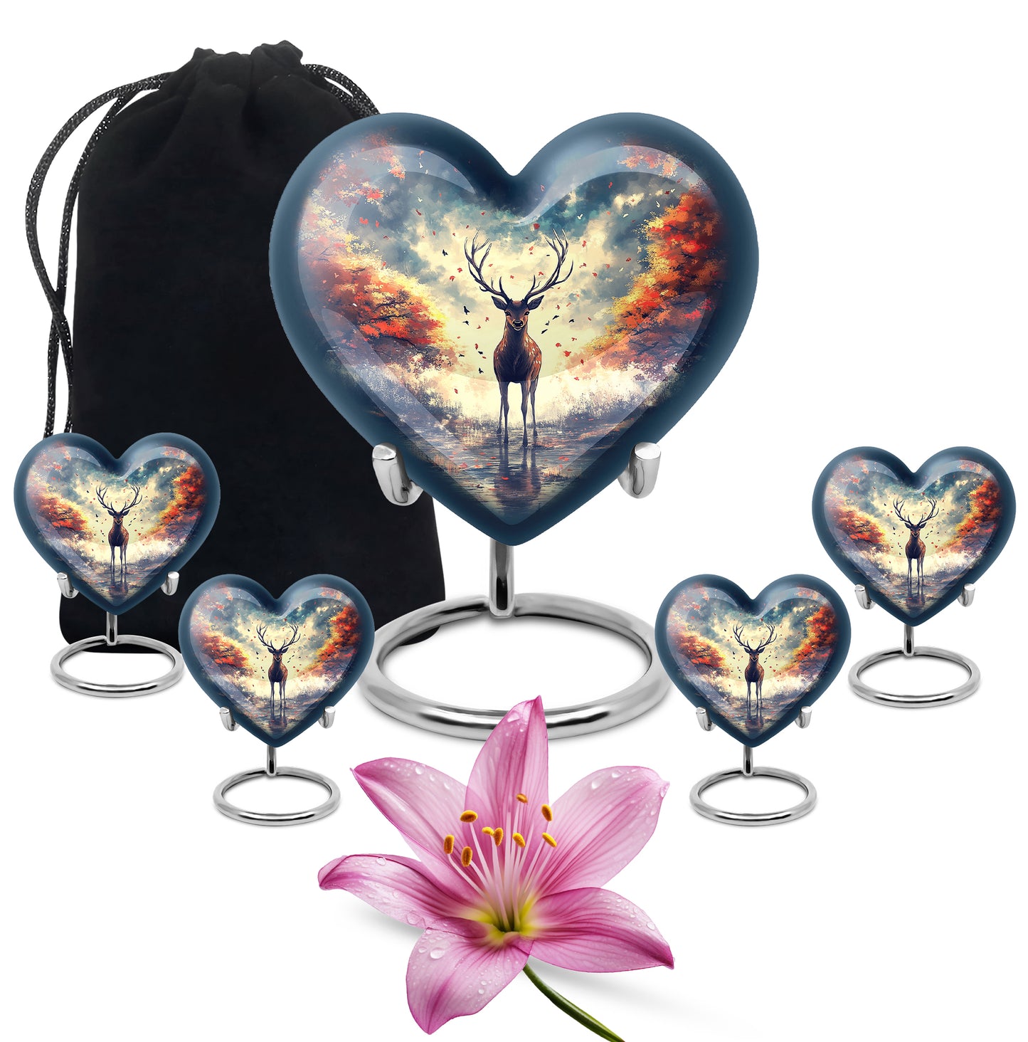 Twilight Blue Deer Cremation Urn close-up of engraving and surface detail - romantic heart urn with deer motif on aluminum - memorial set with one large and four small urns