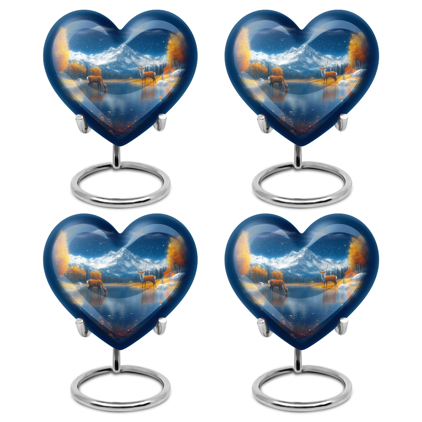 Sky Blue Deer Cremation Urn angled view of lid and engraved motif - heart-shaped deer design symbolizing eternal love - 10 inch aluminum urn for cremated remains