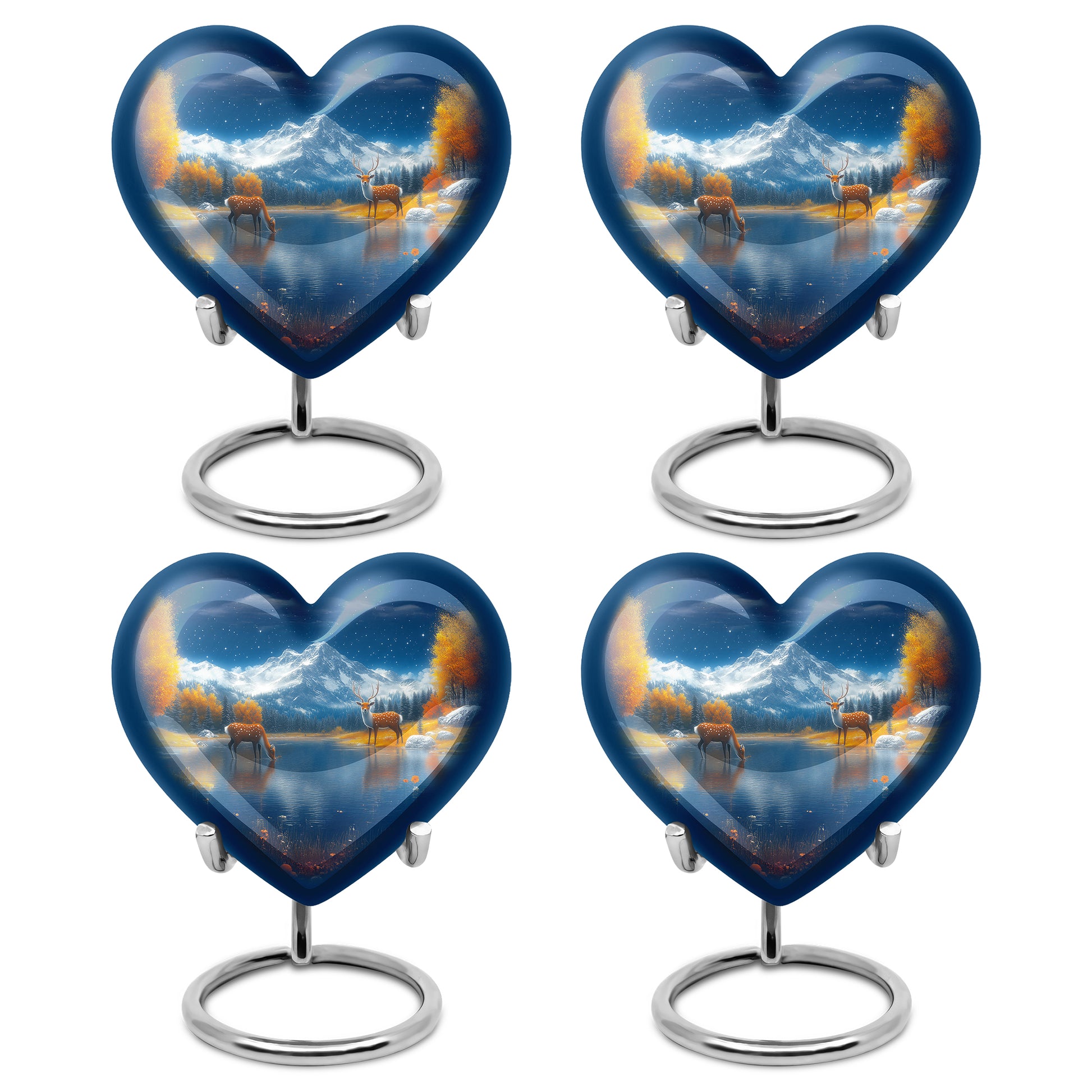 Sky Blue Deer Cremation Urn angled view of lid and engraved motif - heart-shaped deer design symbolizing eternal love - 10 inch aluminum urn for cremated remains