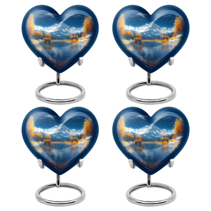 Sky Blue Deer Cremation Urn angled view of lid and engraved motif - heart-shaped deer design symbolizing eternal love - 10 inch aluminum urn for cremated remains