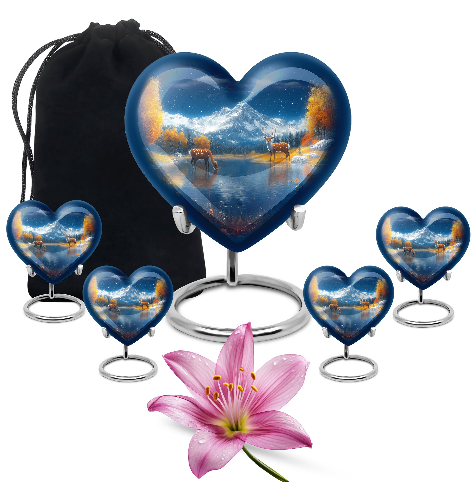 Calming Blue Deer Cremation Urn close-up of engraving and surface detail - romantic heart urn with deer motif on aluminum - memorial set with one large and four small urns