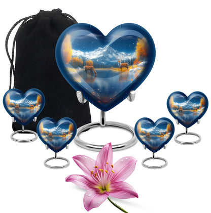 Calming Blue Deer Cremation Urn close-up of engraving and surface detail - romantic heart urn with deer motif on aluminum - memorial set with one large and four small urns