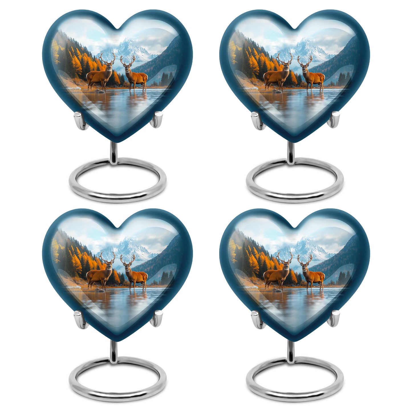 Dusty Blue Deer Cremation Urn angled view of lid and engraved motif - loving heart memorial featuring deer pattern - 10 inch aluminum urn for cremated remains