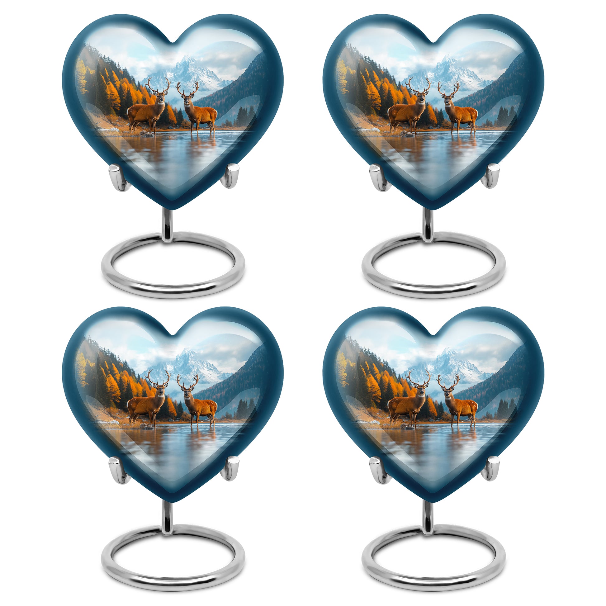 Dusty Blue Deer Cremation Urn angled view of lid and engraved motif - loving heart memorial featuring deer pattern - 10 inch aluminum urn for cremated remains