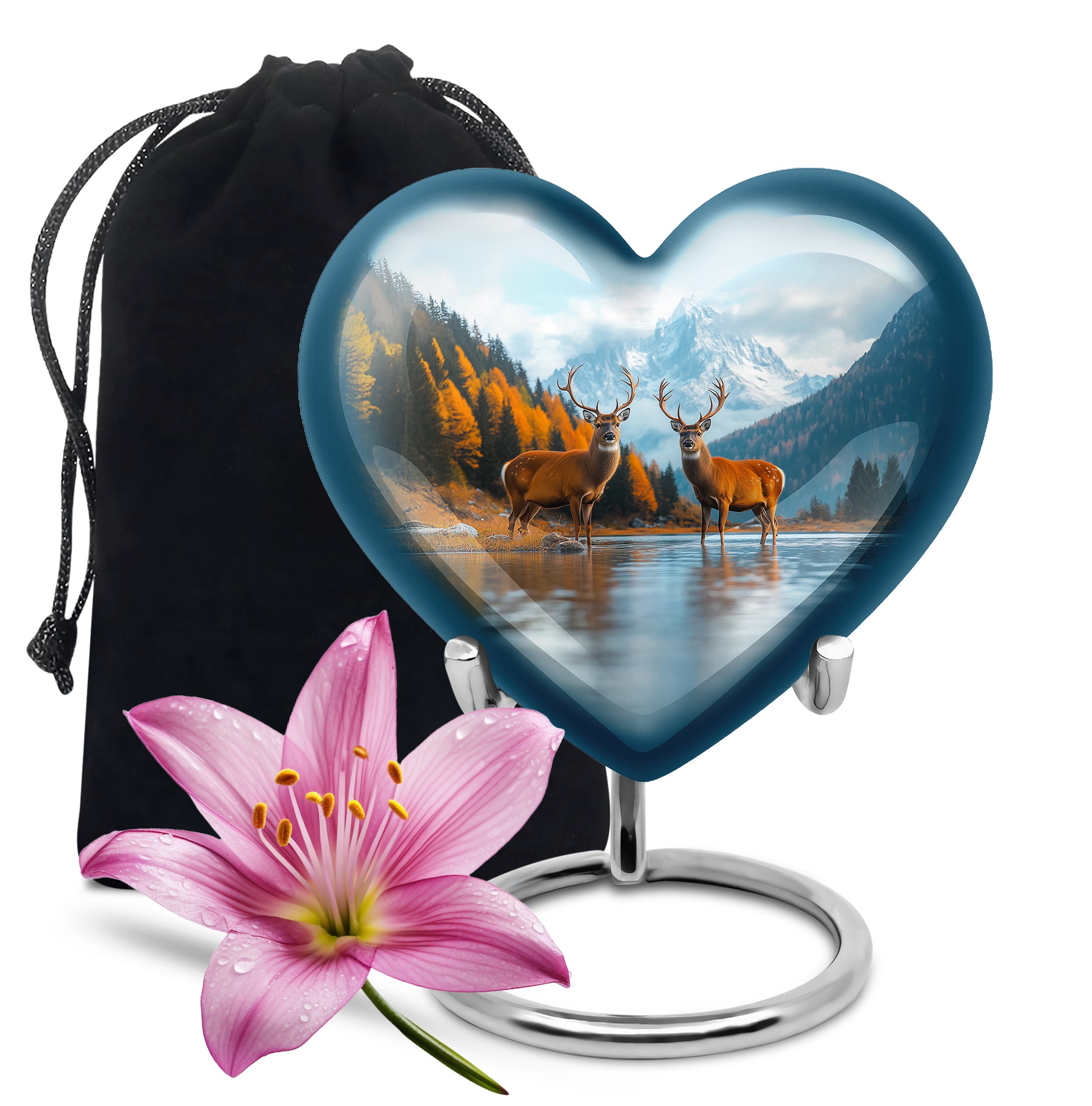 Serene Blue Deer Cremation Urn detail view - romantic heart urn with deer motif on aluminum - full-size 10 inch 200 cubic inch adult cremation urn