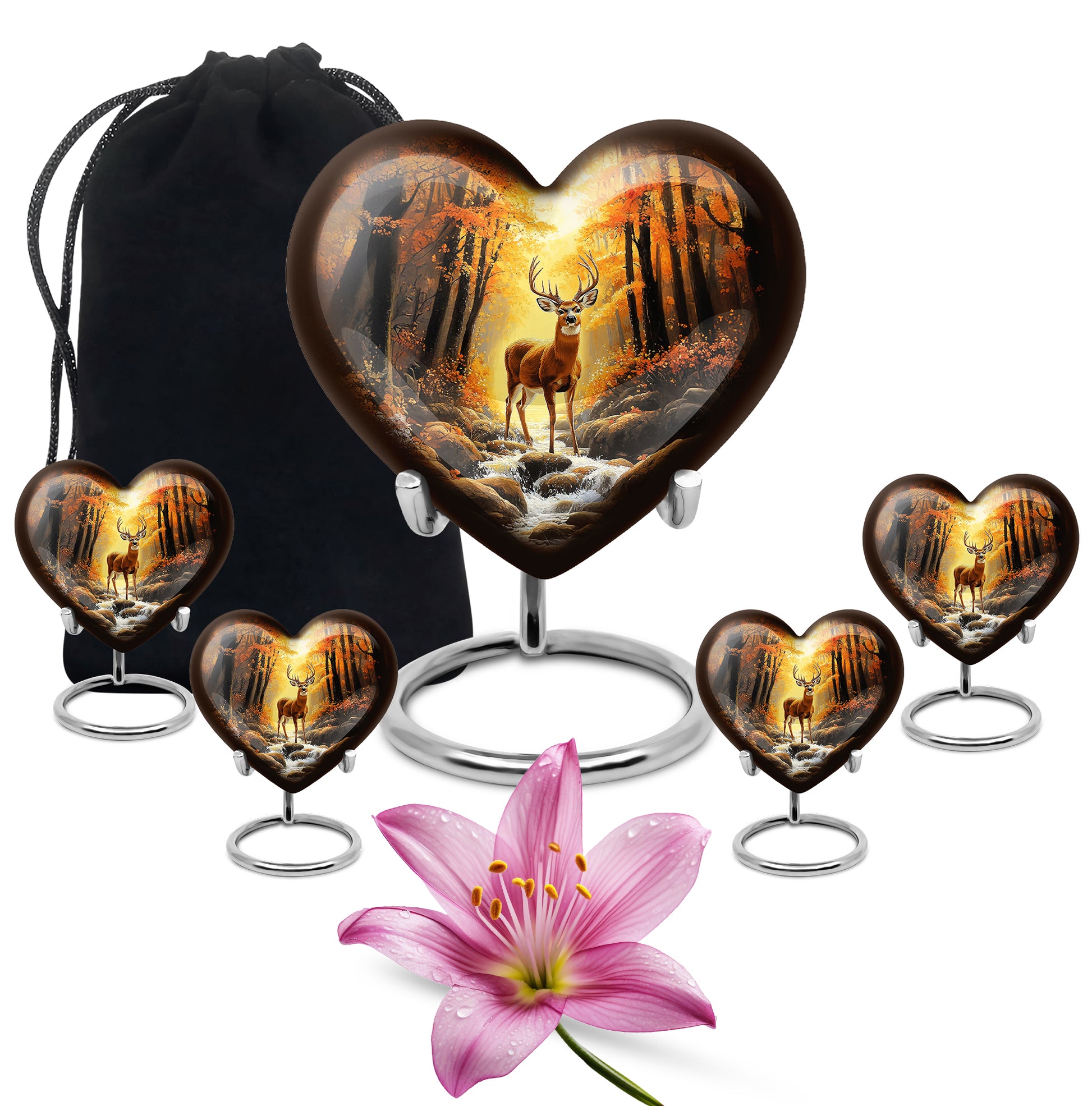 Matte Gold Deer Cremation Urn close-up of engraving and surface detail - compassionate heart-deer combination with gentle curves - memorial set with one large and four small urns