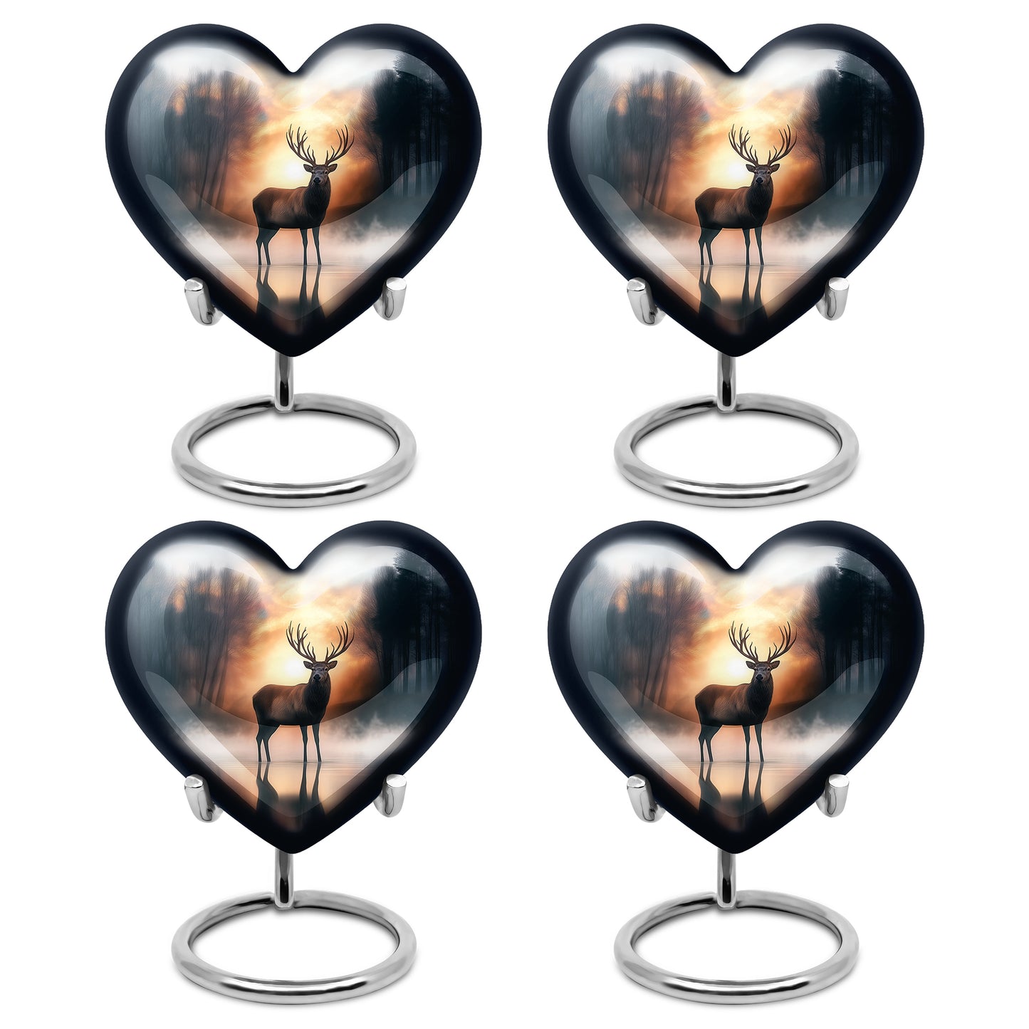 Sunrise Gold Deer Cremation Urn angled view of lid and engraved motif - loving heart memorial featuring deer pattern - 10 inch aluminum urn for cremated remains