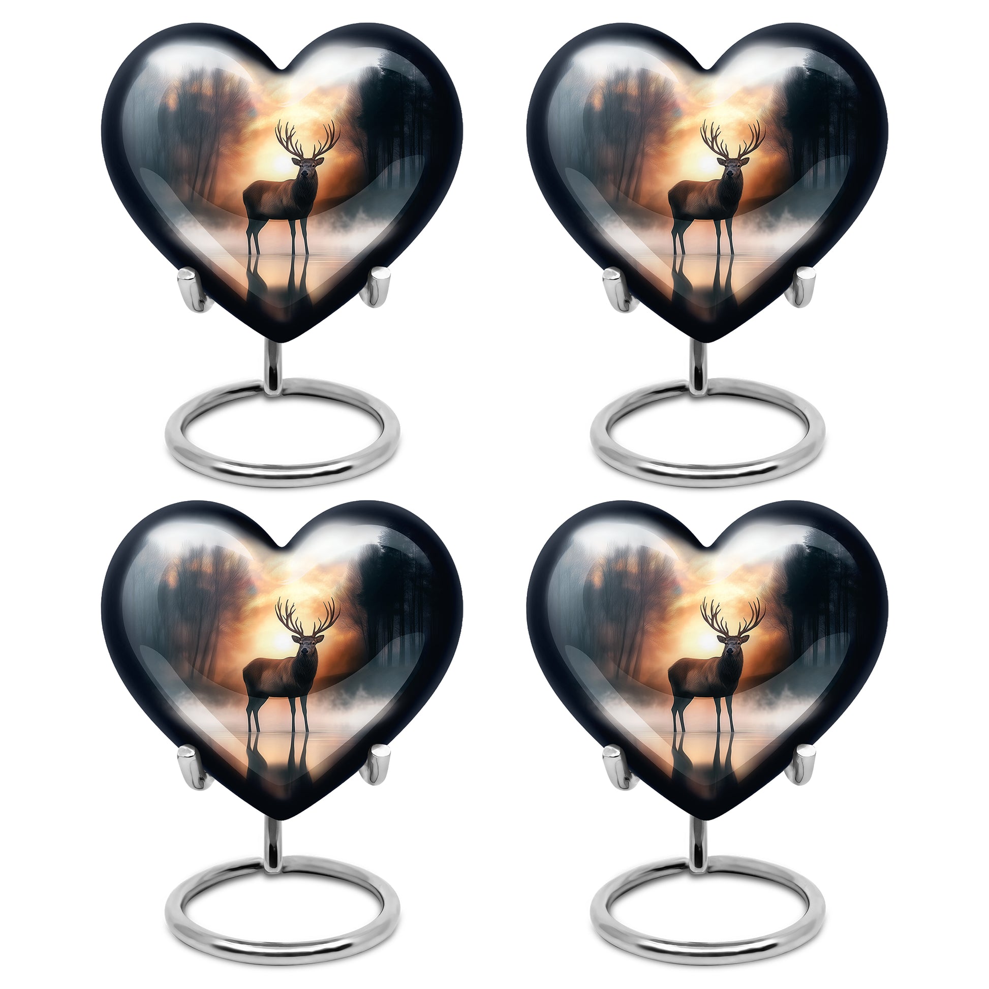Sunrise Gold Deer Cremation Urn angled view of lid and engraved motif - loving heart memorial featuring deer pattern - 10 inch aluminum urn for cremated remains