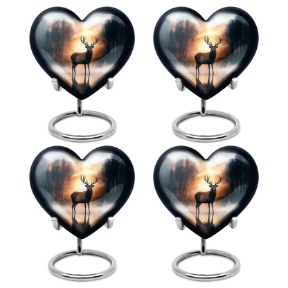 Sunrise Gold Deer Cremation Urn angled view of lid and engraved motif - loving heart memorial featuring deer pattern - 10 inch aluminum urn for cremated remains