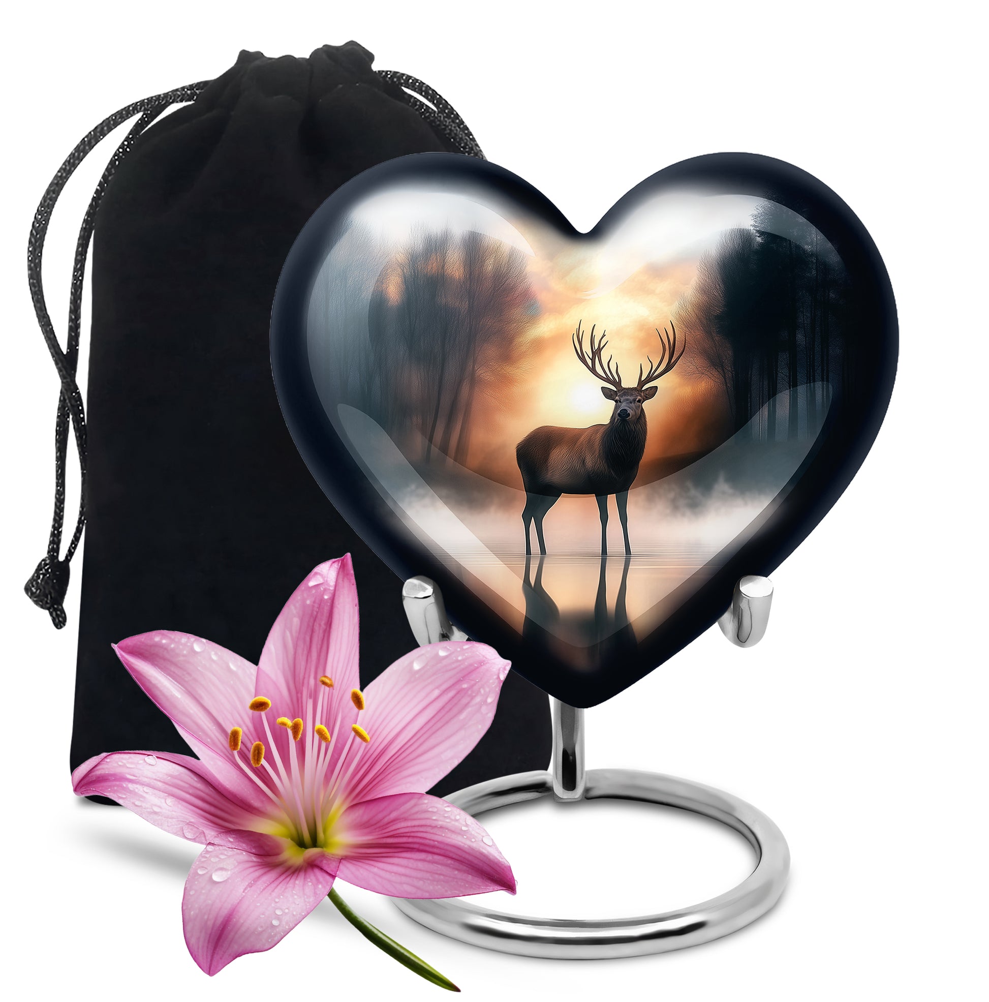 Gilded Gold Deer Cremation Urn detail view - heart-shaped deer design symbolizing eternal love - full-size 10 inch 200 cubic inch adult cremation urn