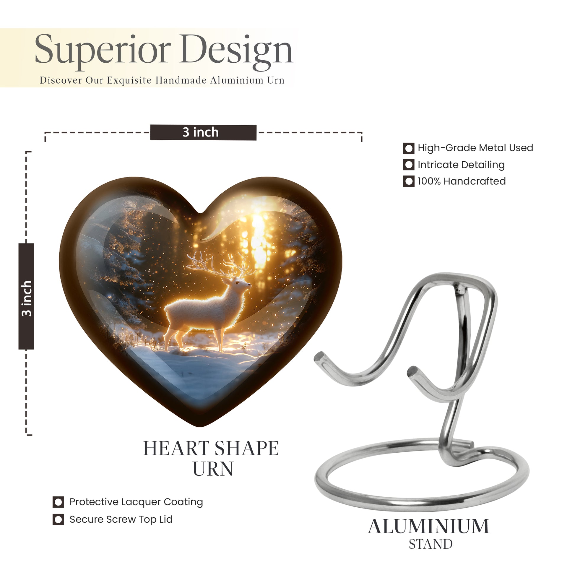 Champagne Gold Deer Cremation Urn front view showing detailed design - loving heart memorial featuring deer pattern - mini keepsake memorial for portion of cremation ashes