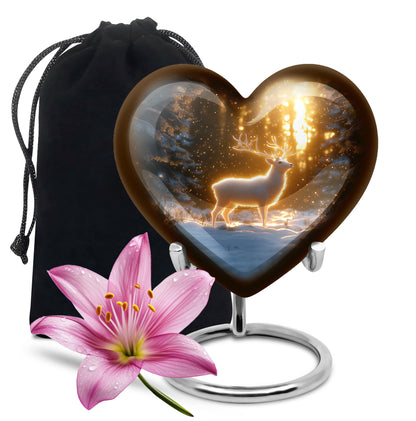 Amber Gold Deer Cremation Urn detail view - loving heart memorial featuring deer pattern - full-size 10 inch 200 cubic inch adult cremation urn