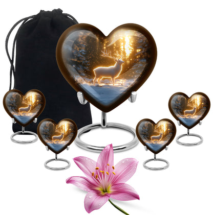 Sunrise Gold Deer Cremation Urn close-up of engraving and surface detail - loving heart memorial featuring deer pattern - memorial set with one large and four small urns