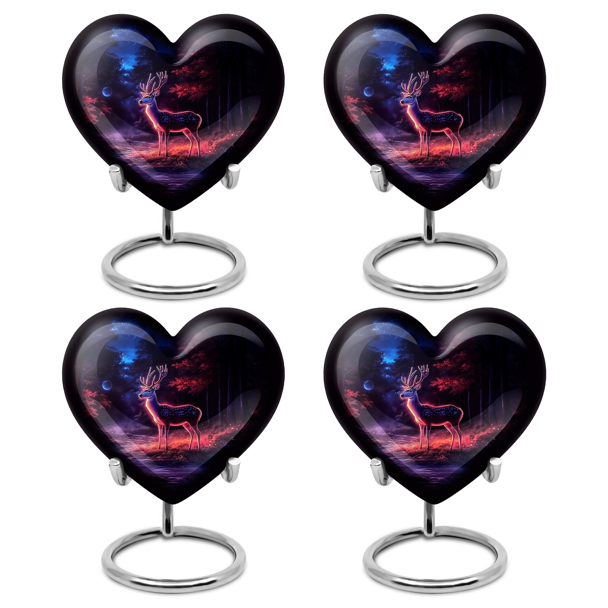 Glossy Black Deer Cremation Urn angled view of lid and engraved motif - heart-shaped deer design symbolizing eternal love - 10 inch aluminum urn for cremated remains