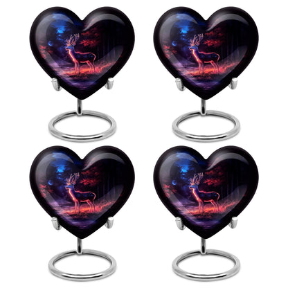Glossy Black Deer Cremation Urn angled view of lid and engraved motif - heart-shaped deer design symbolizing eternal love - 10 inch aluminum urn for cremated remains