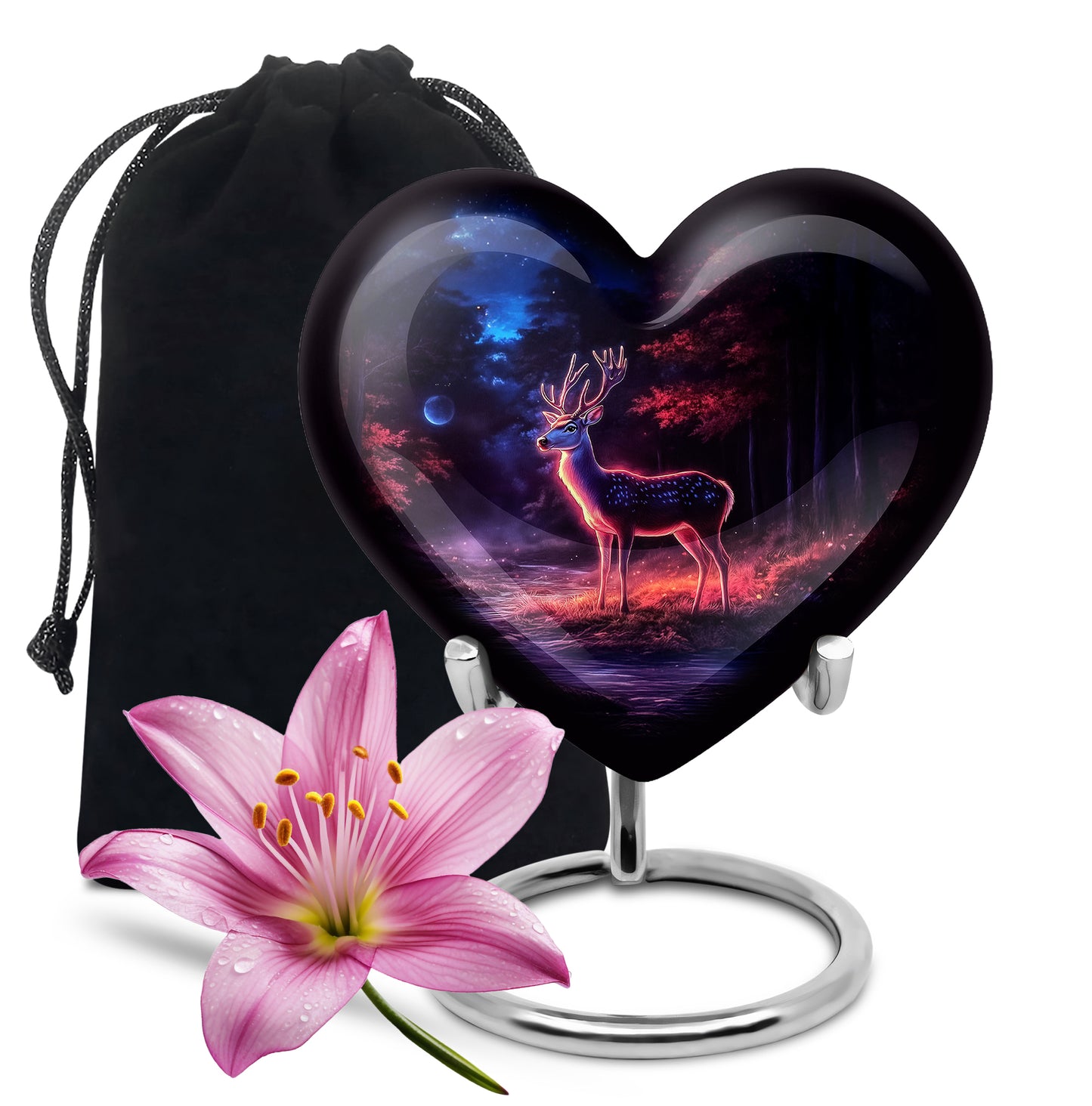 Ebony Deer Cremation Urn detail view - heart-shaped deer design symbolizing eternal love - full-size 10 inch 200 cubic inch adult cremation urn