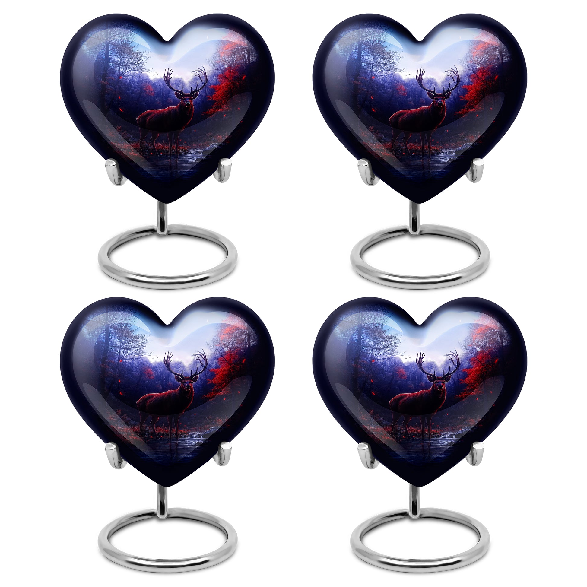 Dusty Blue Deer Cremation Urn angled view of lid and engraved motif - heart-shaped deer design symbolizing eternal love - 10 inch aluminum urn for cremated remains