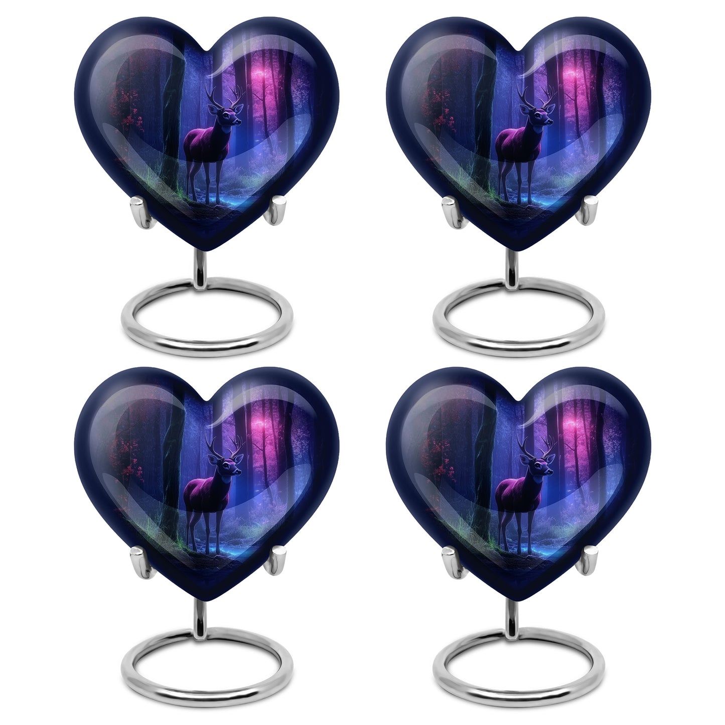 Dusty Blue Deer Cremation Urn angled view of lid and engraved motif - heart-shaped deer design symbolizing eternal love - 10 inch aluminum urn for cremated remains