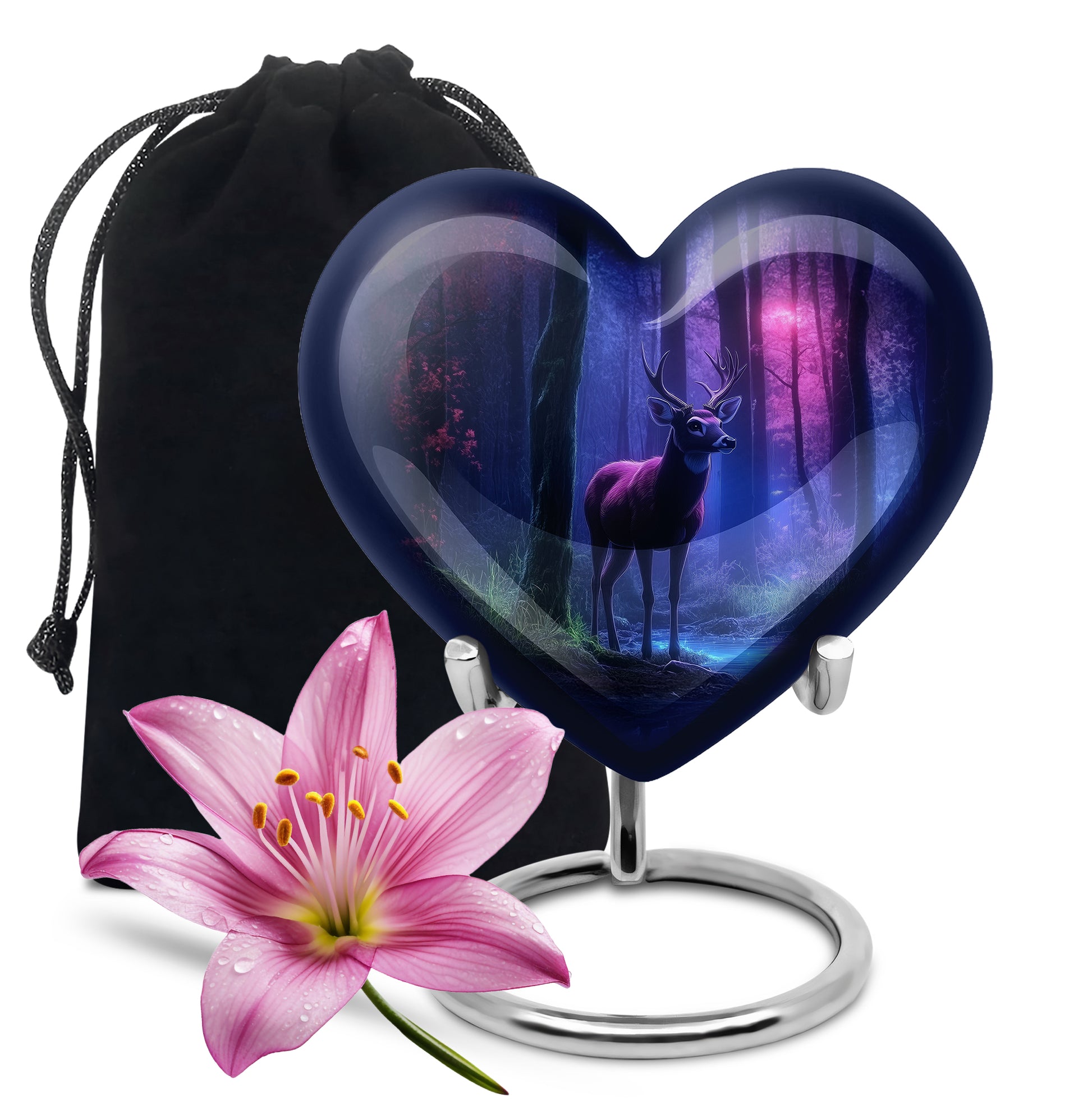 Serene Blue Deer Cremation Urn detail view - romantic heart urn with deer motif on aluminum - full-size 10 inch 200 cubic inch adult cremation urn