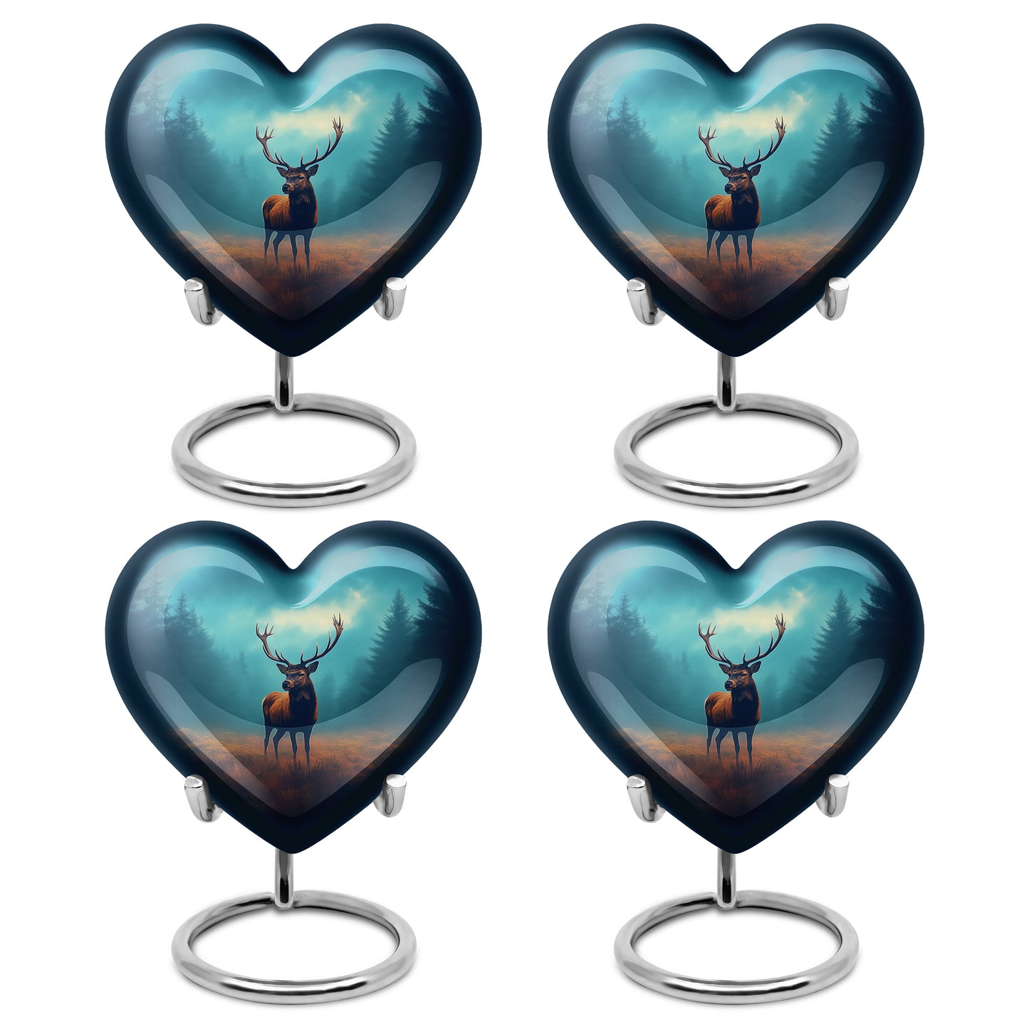 Tropical Teal Deer Cremation Urn angled view of lid and engraved motif - compassionate heart-deer combination with gentle curves - 10 inch aluminum urn for cremated remains