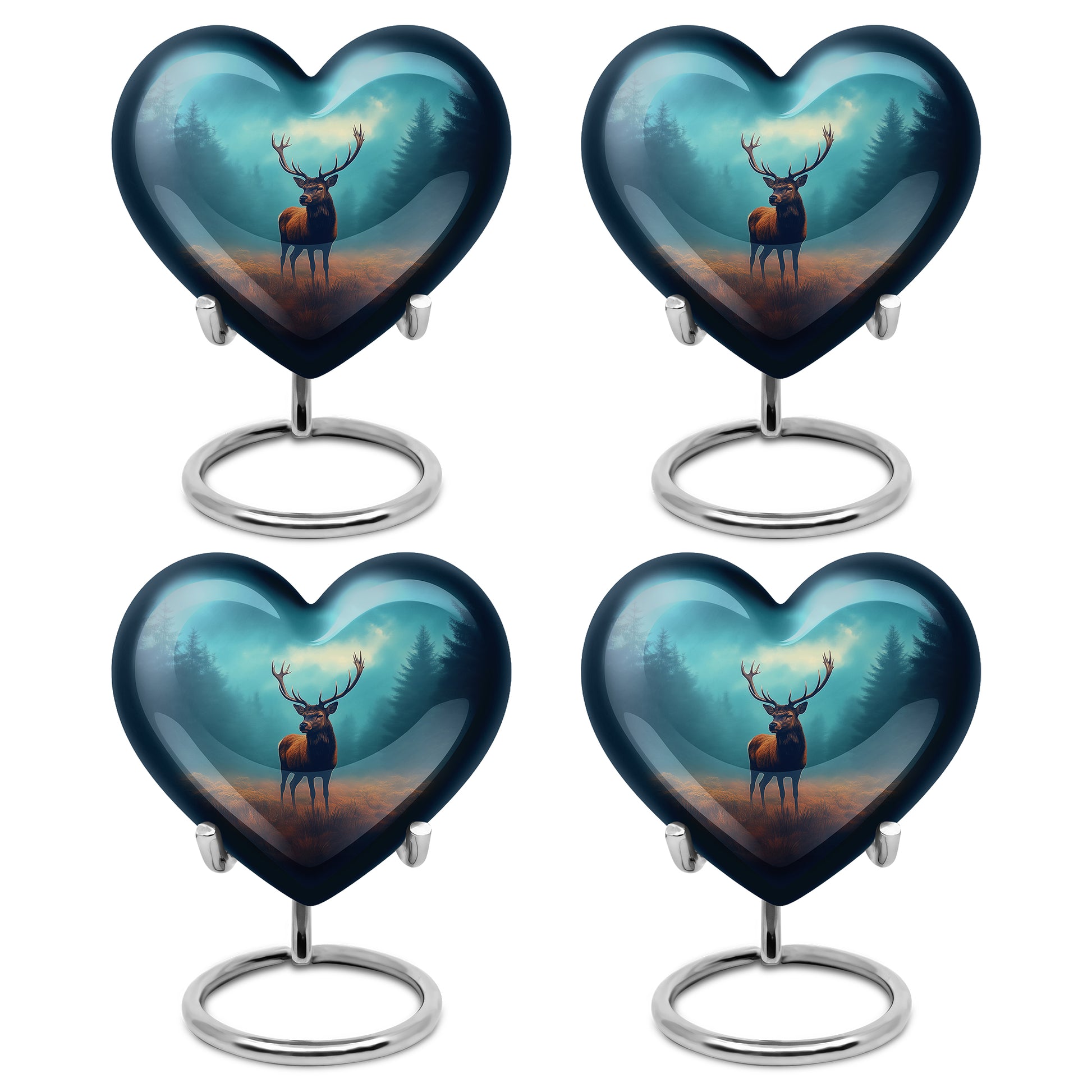 Tropical Teal Deer Cremation Urn angled view of lid and engraved motif - compassionate heart-deer combination with gentle curves - 10 inch aluminum urn for cremated remains