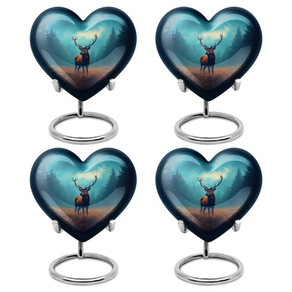 Tropical Teal Deer Cremation Urn angled view of lid and engraved motif - compassionate heart-deer combination with gentle curves - 10 inch aluminum urn for cremated remains