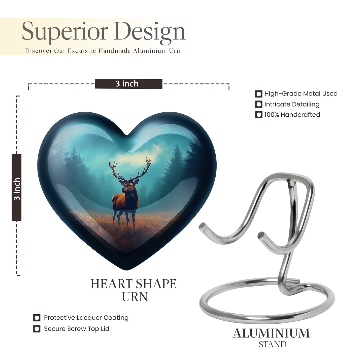 Aqua Teal Deer Cremation Urn front view showing detailed design - compassionate heart-deer combination with gentle curves - mini keepsake memorial for portion of cremation ashes