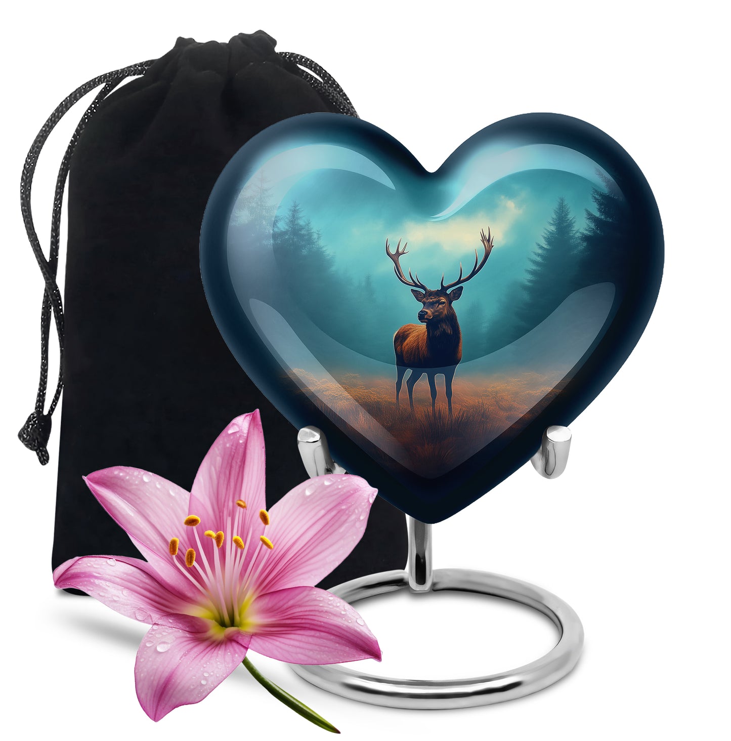 Jewel Teal Deer Cremation Urn detail view - heart-shaped deer design symbolizing eternal love - full-size 10 inch 200 cubic inch adult cremation urn