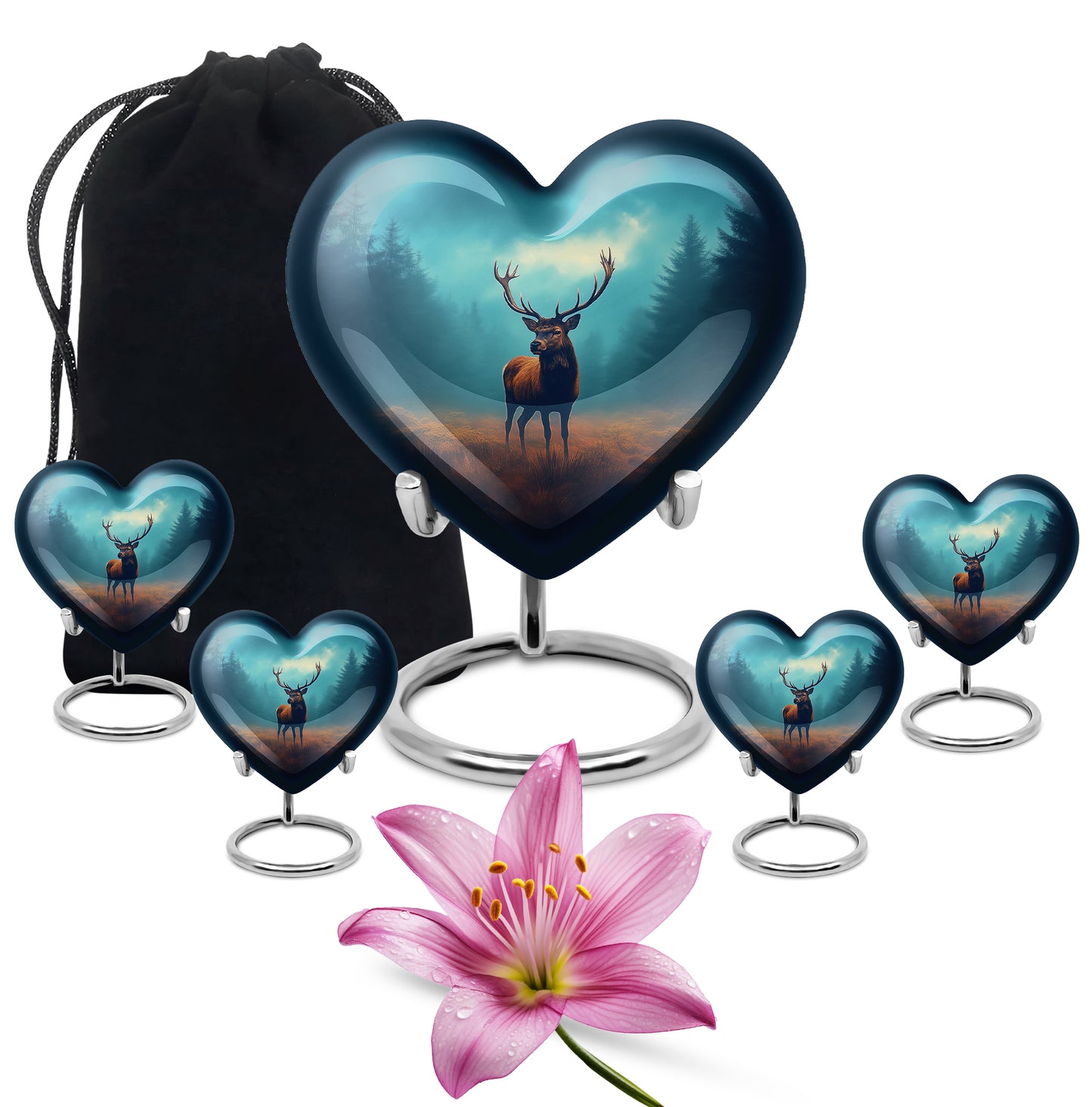 Aqua Teal Deer Cremation Urn close-up of engraving and surface detail - romantic heart urn with deer motif on aluminum - memorial set with one large and four small urns