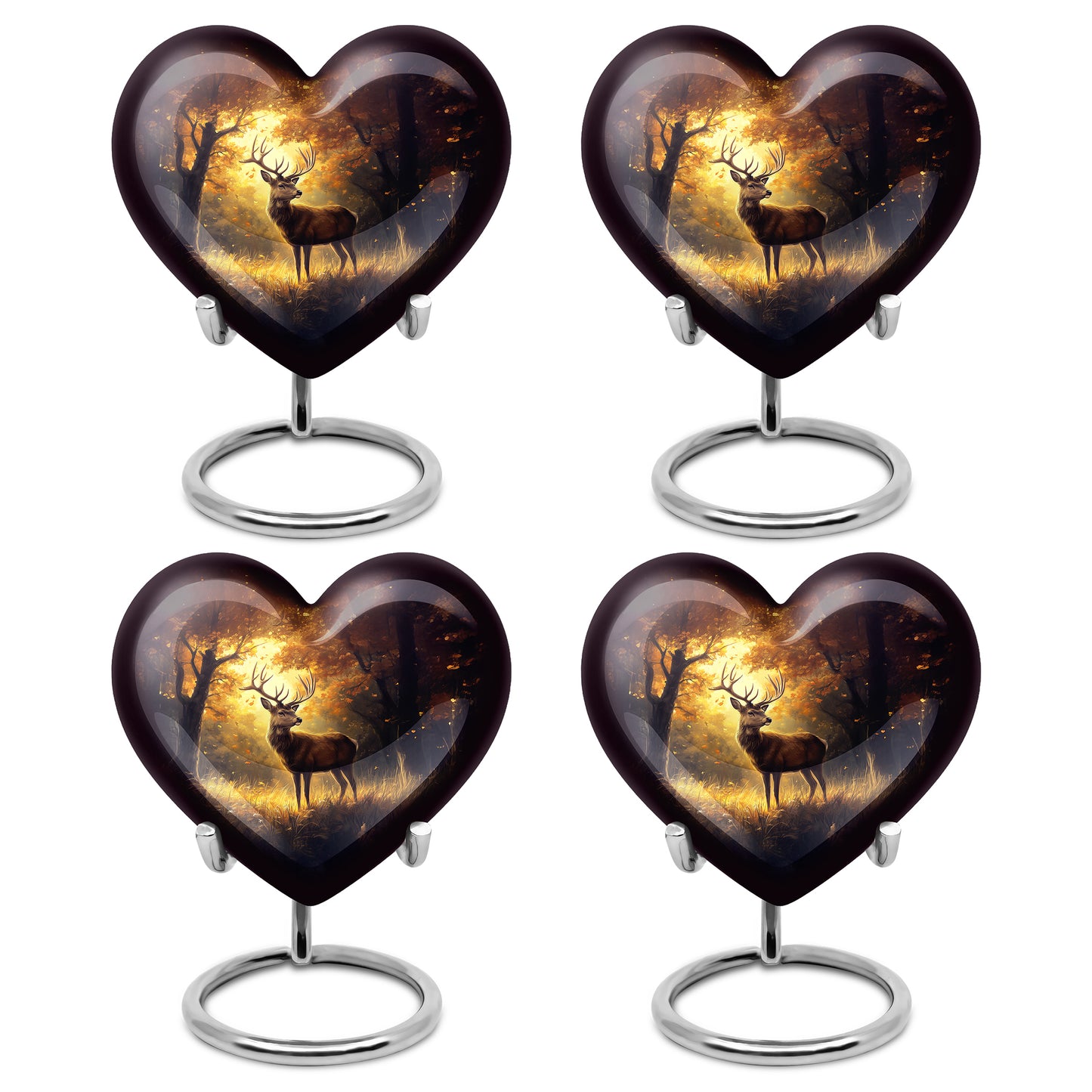 Harvest Gold Deer Cremation Urn angled view of lid and engraved motif - compassionate heart-deer combination with gentle curves - 10 inch aluminum urn for cremated remains