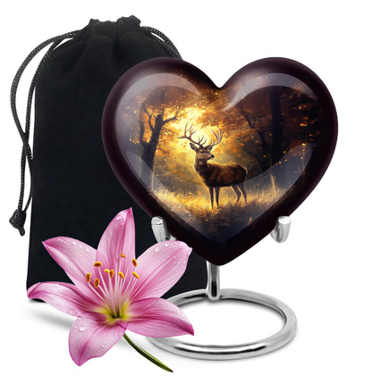 Matte Gold Deer Cremation Urn detail view - romantic heart urn with deer motif on aluminum - full-size 10 inch 200 cubic inch adult cremation urn