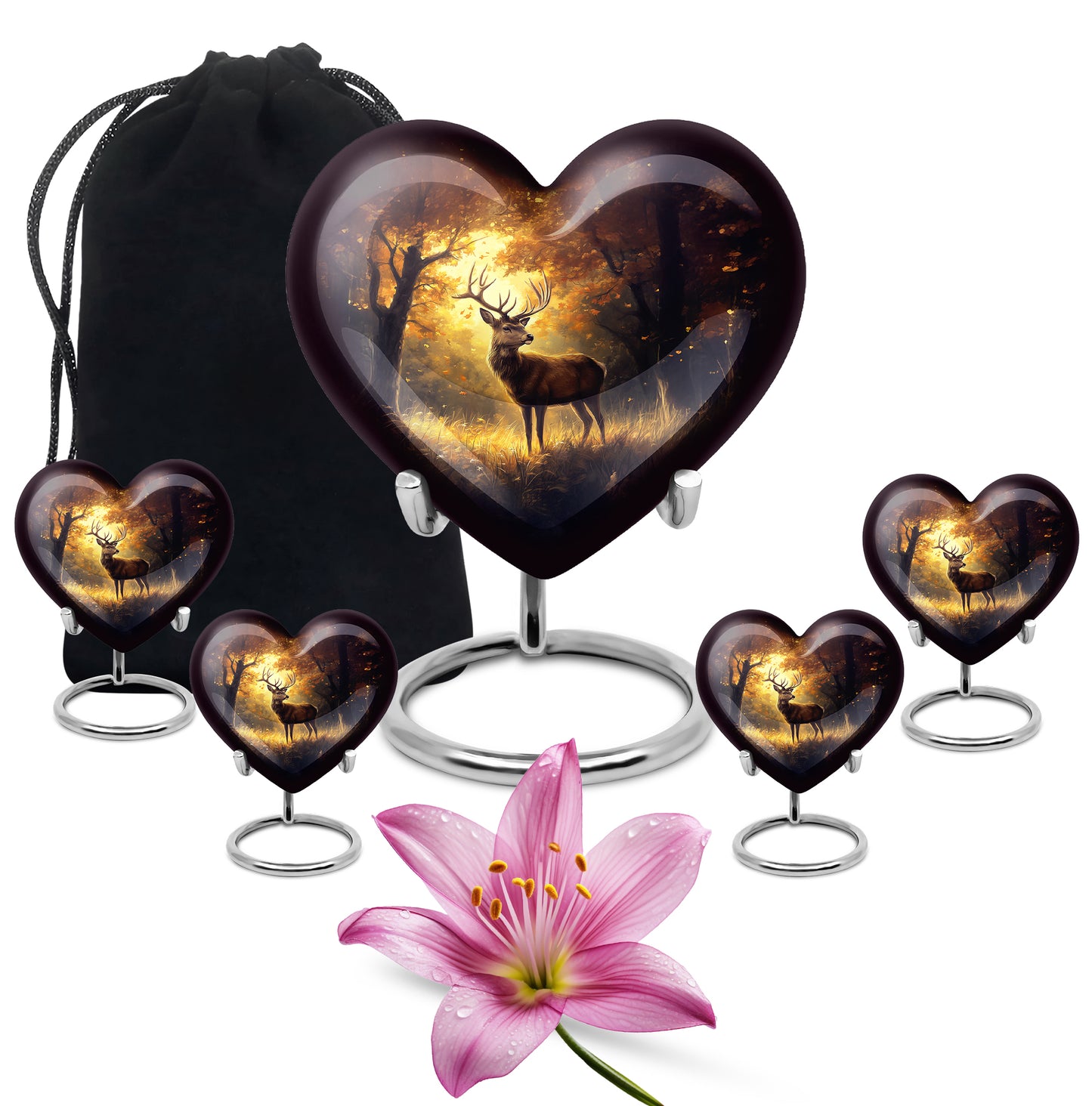Amber Gold Deer Cremation Urn close-up of engraving and surface detail - loving heart memorial featuring deer pattern - memorial set with one large and four small urns