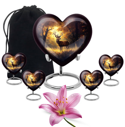 Amber Gold Deer Cremation Urn close-up of engraving and surface detail - loving heart memorial featuring deer pattern - memorial set with one large and four small urns