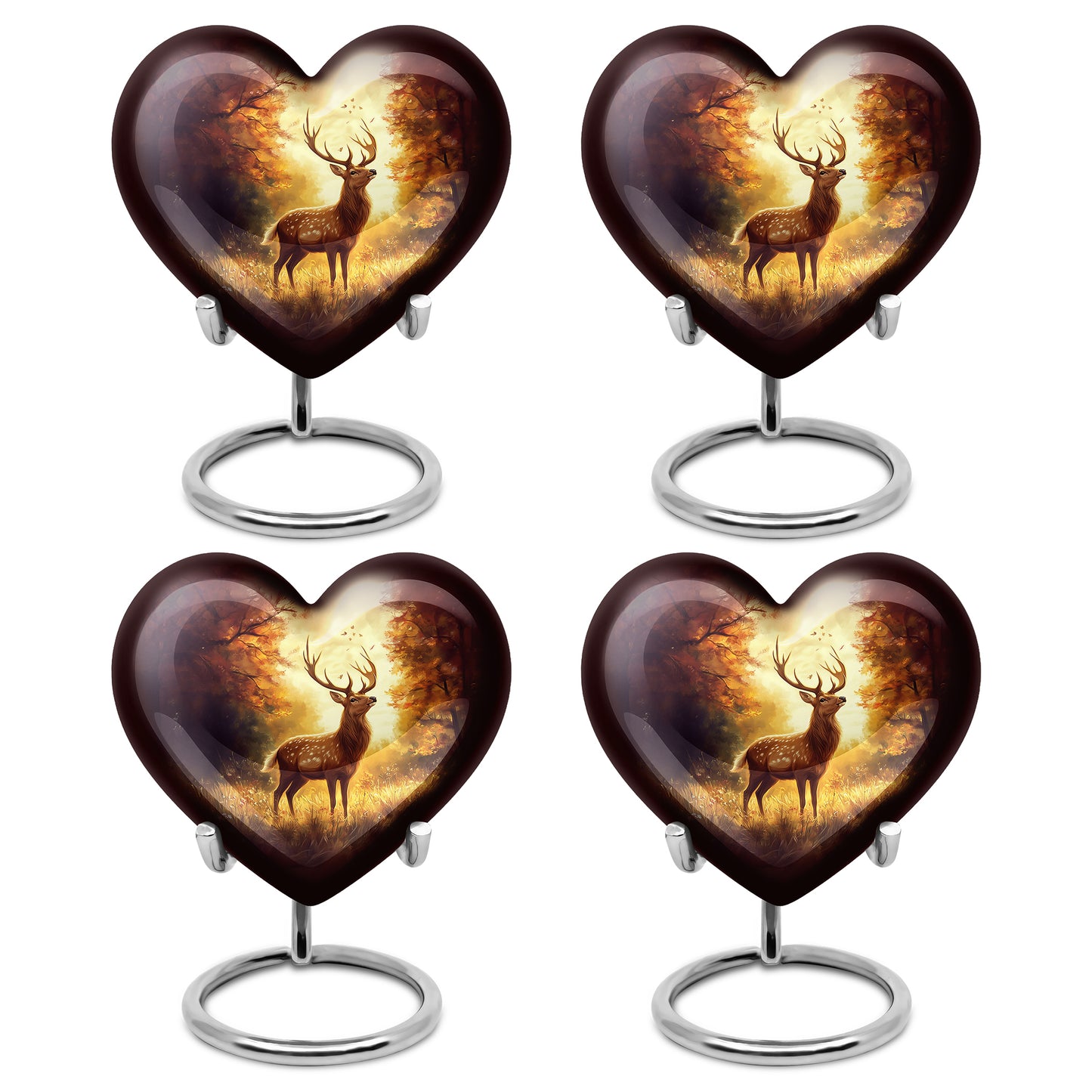Garnet Red Deer Cremation Urn angled view of lid and engraved motif - heart-shaped deer design symbolizing eternal love - 10 inch aluminum urn for cremated remains
