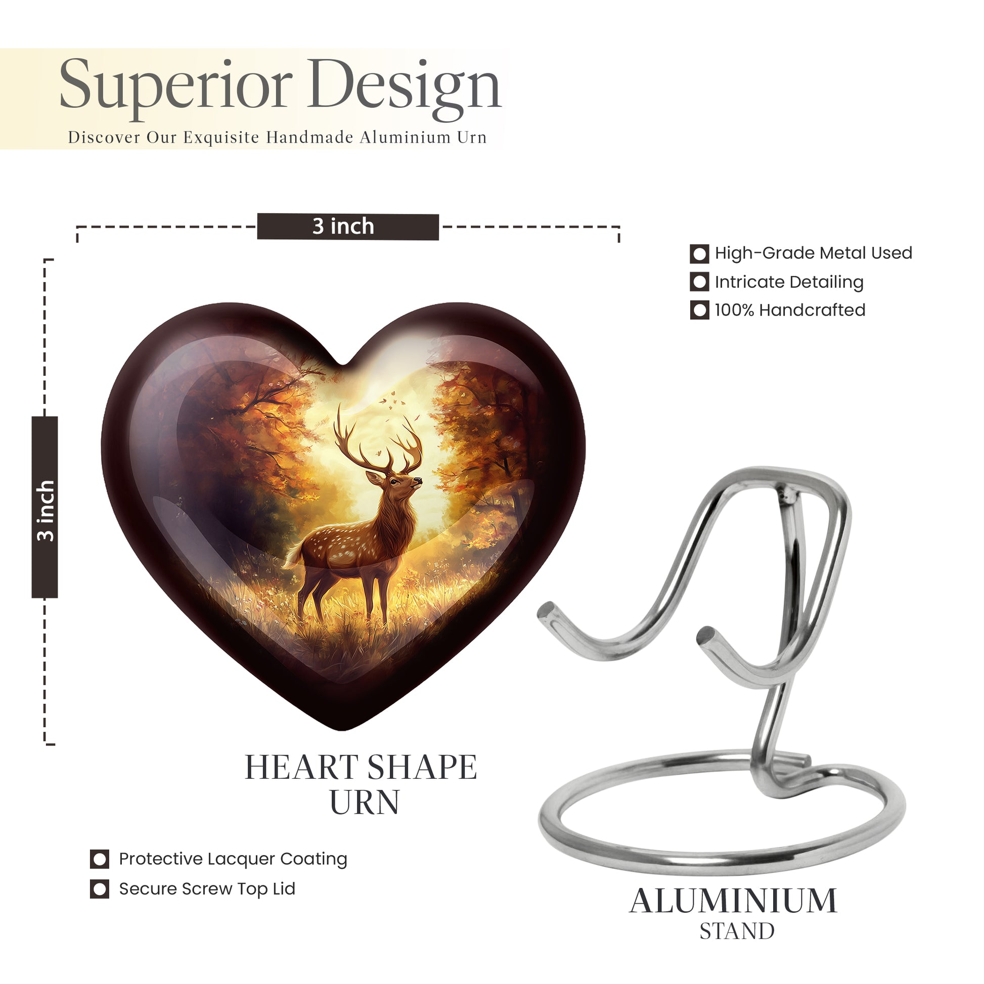 Wine Red Deer Cremation Urn front view showing detailed design - loving heart memorial featuring deer pattern - mini keepsake memorial for portion of cremation ashes