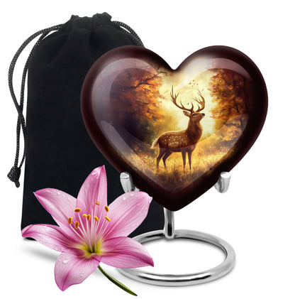 Scarlet Red Deer Cremation Urn detail view - romantic heart urn with deer motif on aluminum - full-size 10 inch 200 cubic inch adult cremation urn