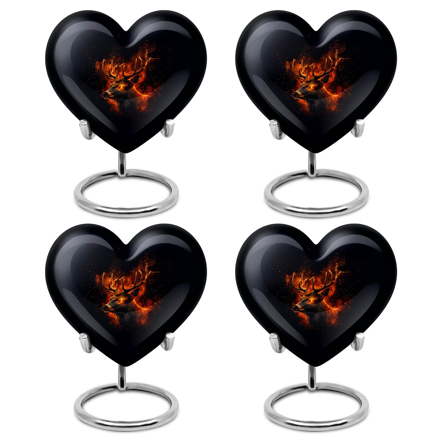 Midnight Black Deer Cremation Urn angled view of lid and engraved motif - compassionate heart-deer combination with gentle curves - 10 inch aluminum urn for cremated remains