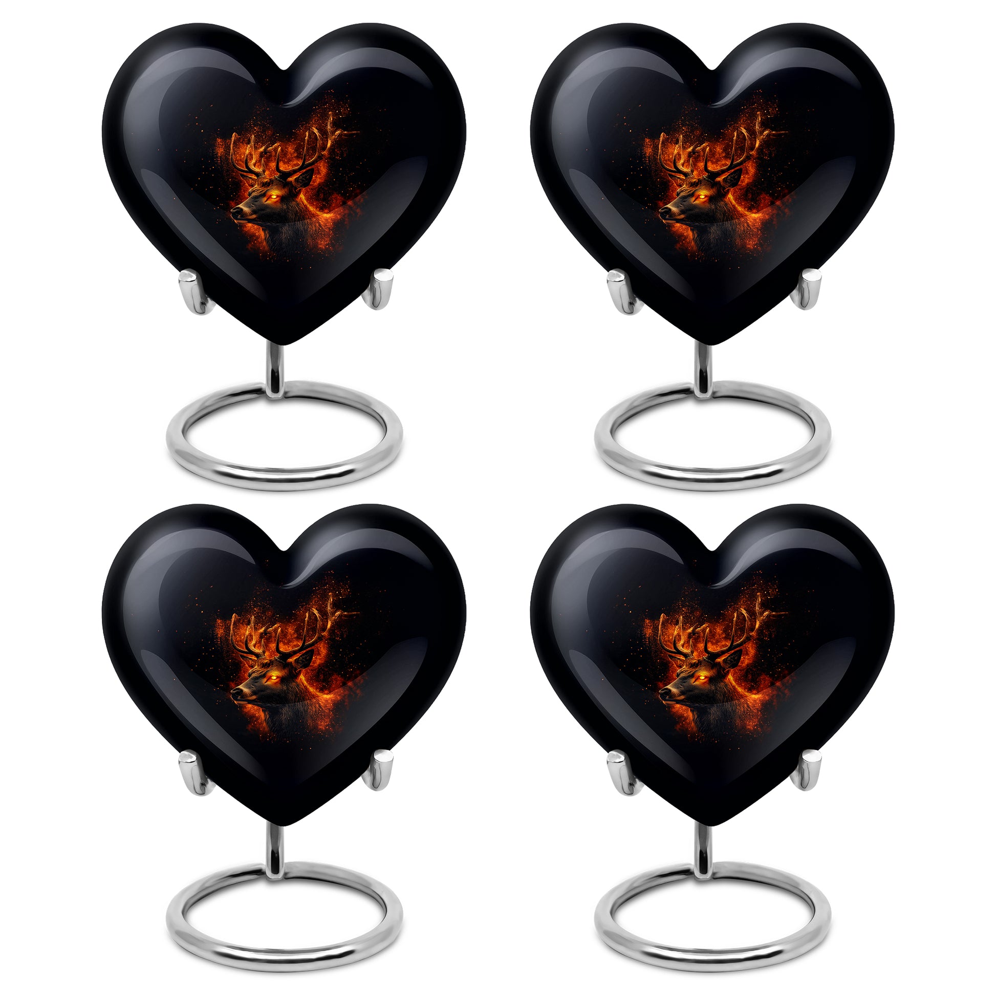 Midnight Black Deer Cremation Urn angled view of lid and engraved motif - compassionate heart-deer combination with gentle curves - 10 inch aluminum urn for cremated remains