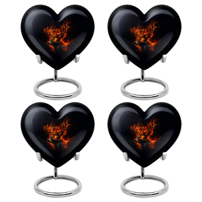Midnight Black Deer Cremation Urn angled view of lid and engraved motif - compassionate heart-deer combination with gentle curves - 10 inch aluminum urn for cremated remains