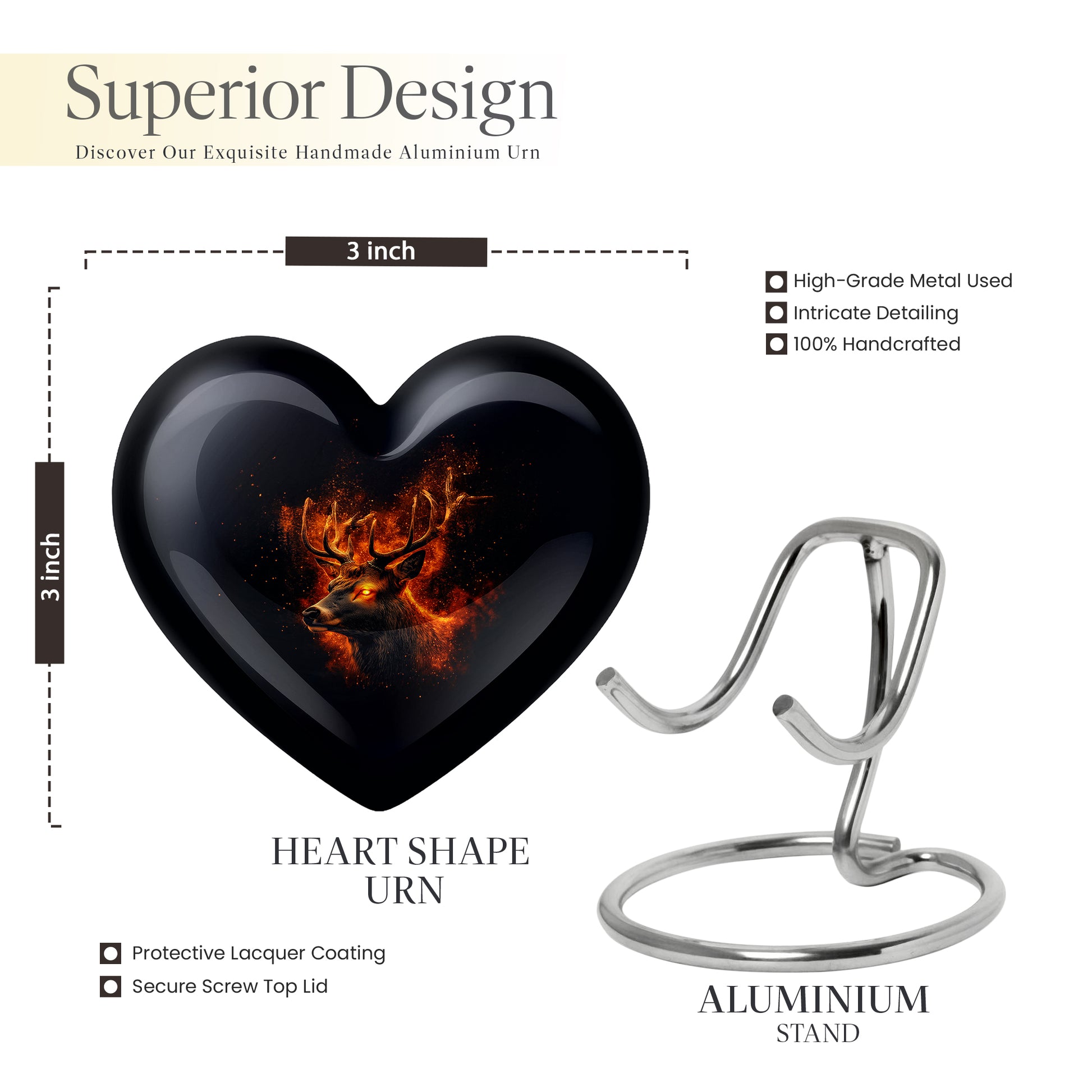 Ebony Deer Cremation Urn front view showing detailed design - loving heart memorial featuring deer pattern - mini keepsake memorial for portion of cremation ashes