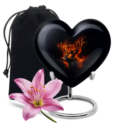 Jet Black Deer Cremation Urn detail view - heart-shaped deer design symbolizing eternal love - full-size 10 inch 200 cubic inch adult cremation urn