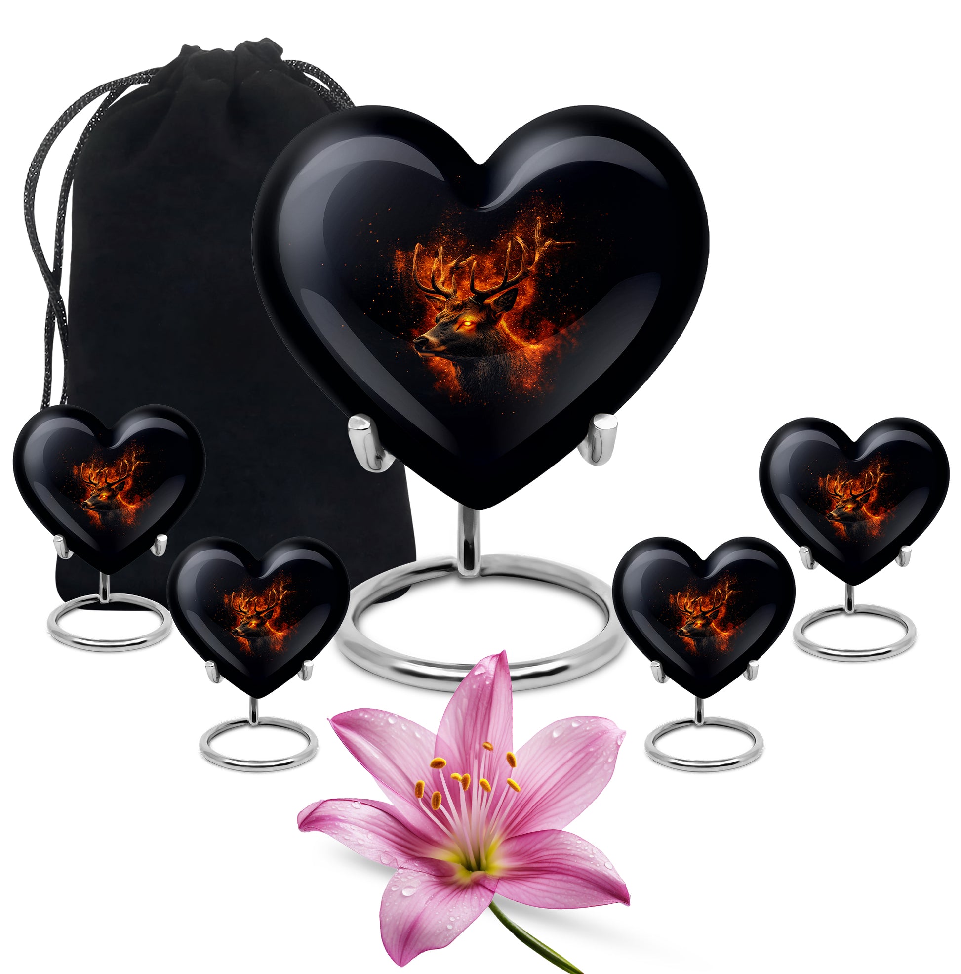 Jet Black Deer Cremation Urn close-up of engraving and surface detail - loving heart memorial featuring deer pattern - memorial set with one large and four small urns