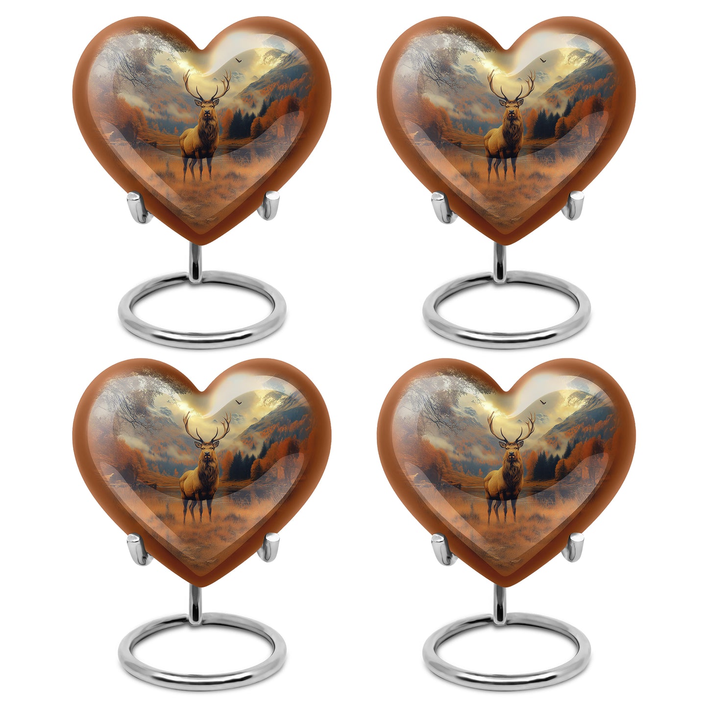 Gilded Gold Deer Cremation Urn angled view of lid and engraved motif - heart-shaped deer design symbolizing eternal love - 10 inch aluminum urn for cremated remains