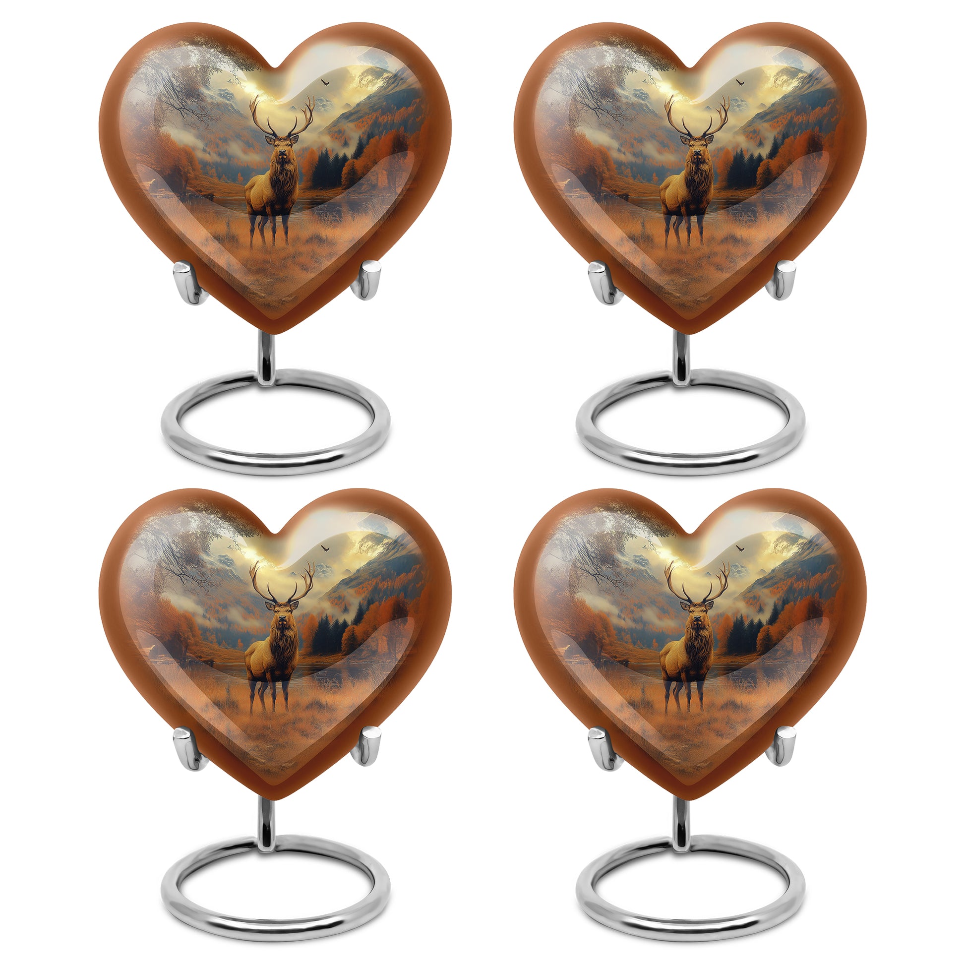 Gilded Gold Deer Cremation Urn angled view of lid and engraved motif - heart-shaped deer design symbolizing eternal love - 10 inch aluminum urn for cremated remains