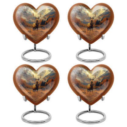 Gilded Gold Deer Cremation Urn angled view of lid and engraved motif - heart-shaped deer design symbolizing eternal love - 10 inch aluminum urn for cremated remains