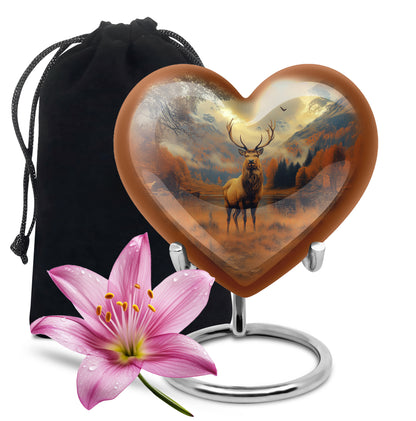 Royal Gold Deer Cremation Urn detail view - romantic heart urn with deer motif on aluminum - full-size 10 inch 200 cubic inch adult cremation urn