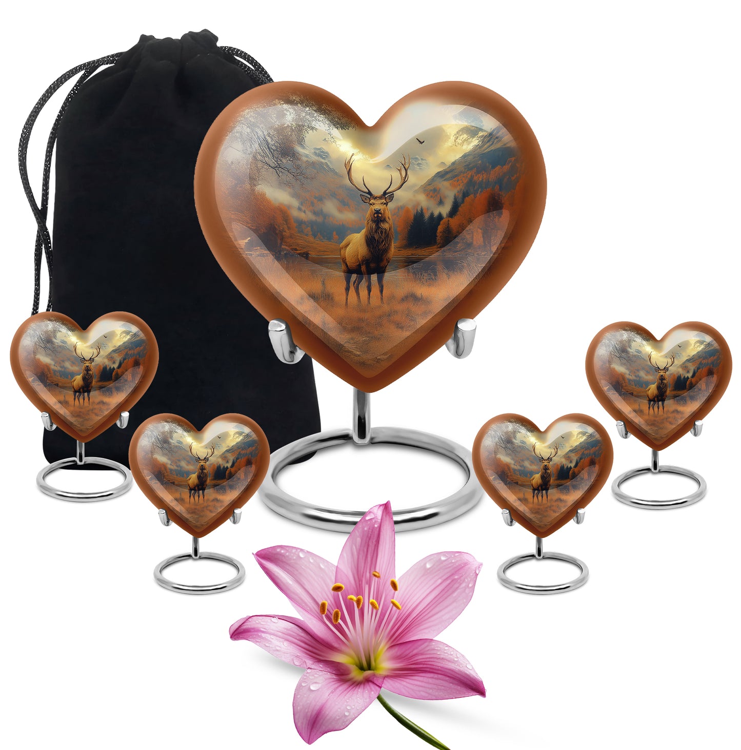 Burnished Gold Deer Cremation Urn close-up of engraving and surface detail - romantic heart urn with deer motif on aluminum - memorial set with one large and four small urns